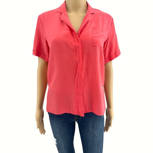 VINTAGE CLIO Los Angeles US 8 80’s 100% SILK Pink Orange Button Up Top Blouse - Picture 1 of 8